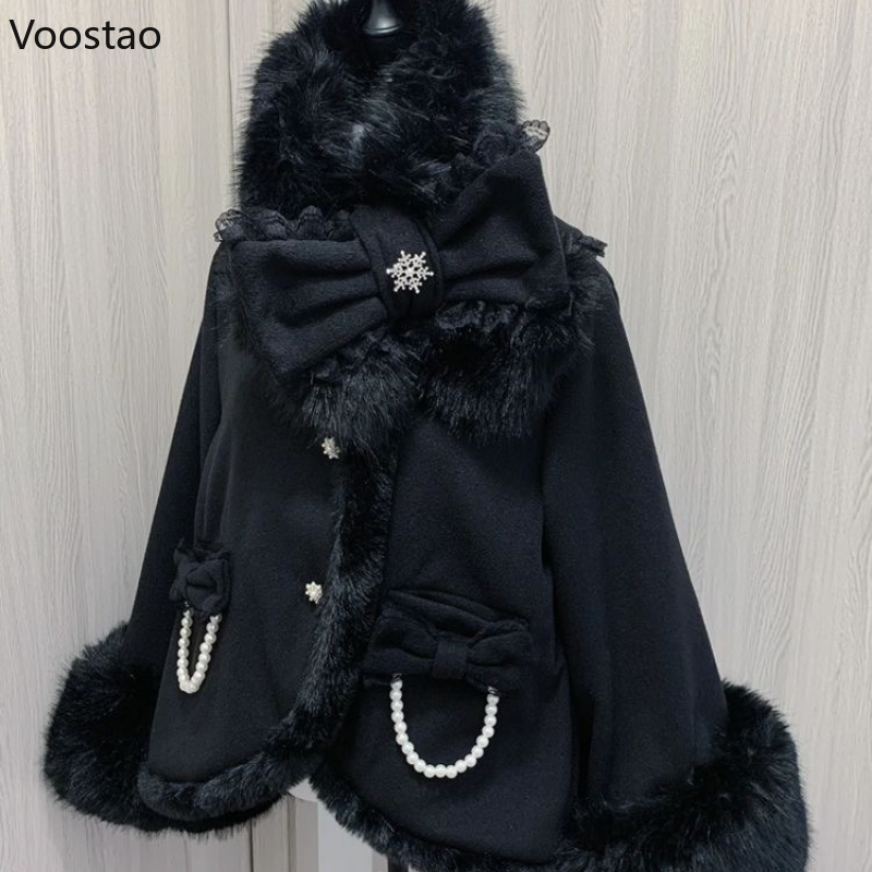 Automne hiver japonais Lolita Bow écharpe veste femmes gothique noir en peluche Patchwork laine châle pardessus femme Vintage manteau hauts
