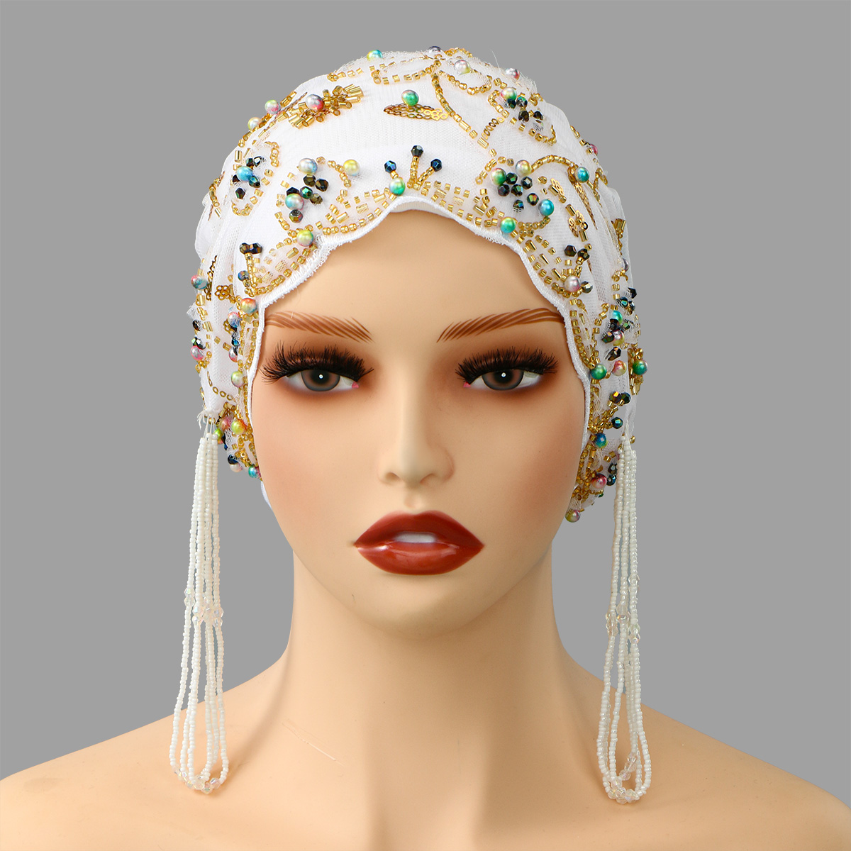 Chapeau de luxe en dentelle brodée de perles, casquettes en tissu maille, Tube de perles associé à un fil de diamant, chapeau brodé pour femmes arabes de dubaï