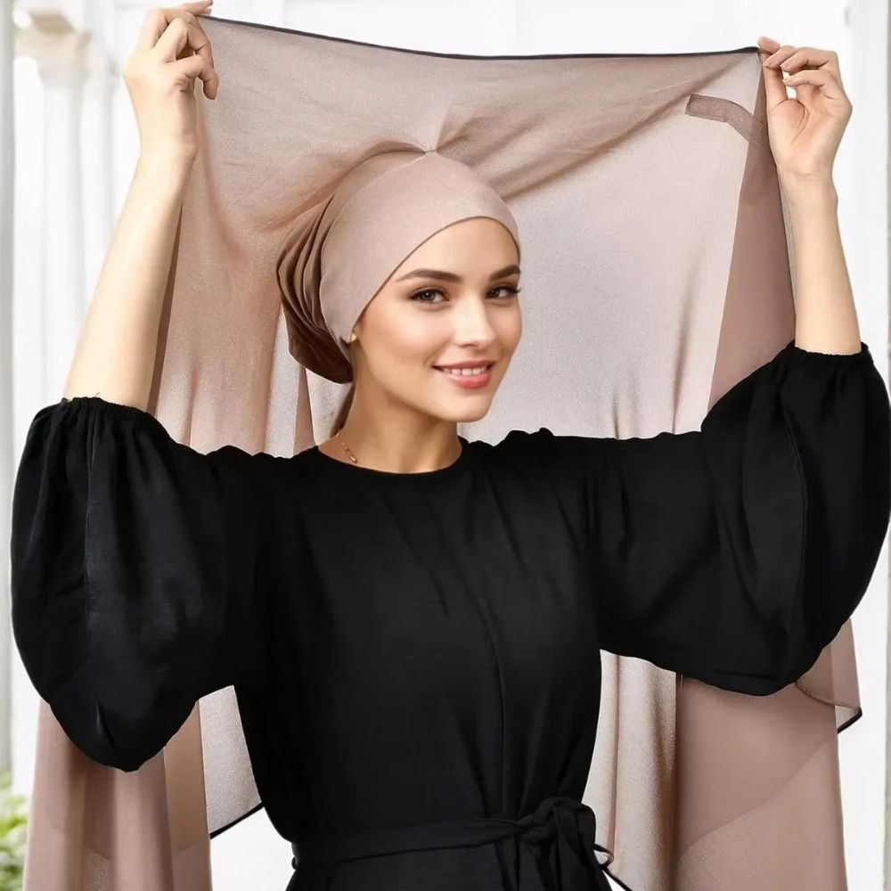 Hijab instantané 2-en-1 en mousseline avec aimants intégrés, couleur unie, long foulard musulman avec sous-bonnet, couvre-chef islamique confortable