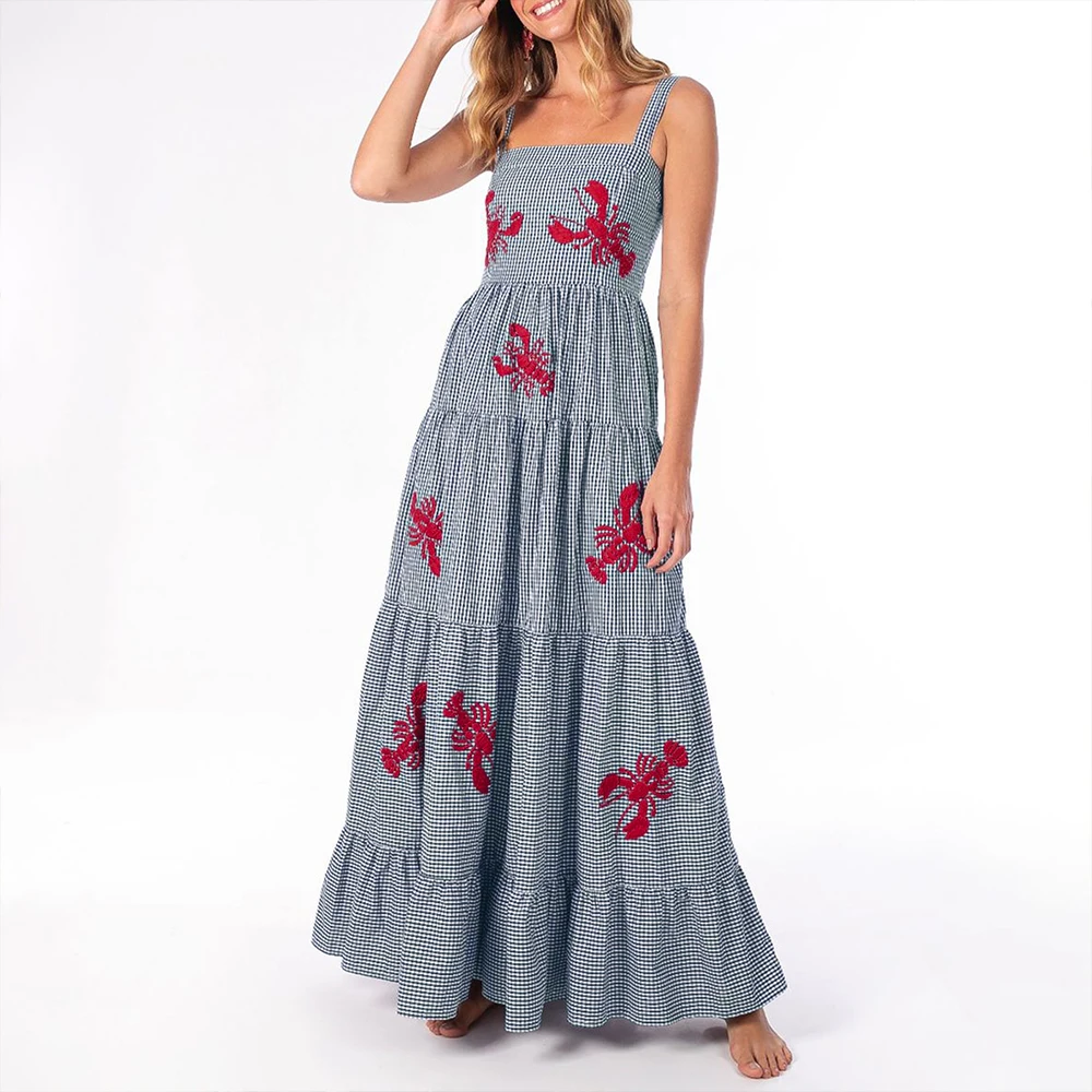 Robes d'été Chic à carreaux brodés de homard, sans manches, col carré, drapées superposées, robes de soirée mi-longues pour femmes
