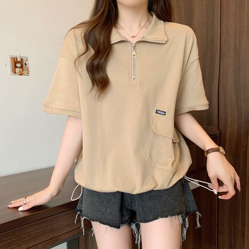 Vêtements pour femmes de grande taille, t-shirt à manches courtes, couleur unie, décontracté et fin, polyvalent, avec fermeture éclair, nouvelle collection printemps et été