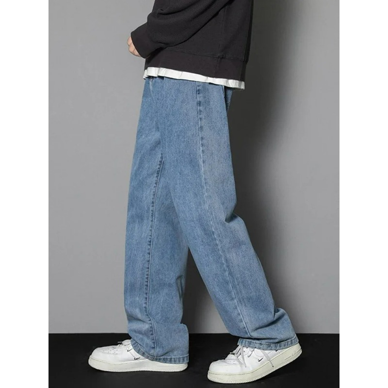 Nouveau Jean Cargo Homme Coréen Décontracté 2026 – Coupe Droite Classique, Jambe Large, Couleurs Unies (Bleu Clair, Noir) – Taille 3XL