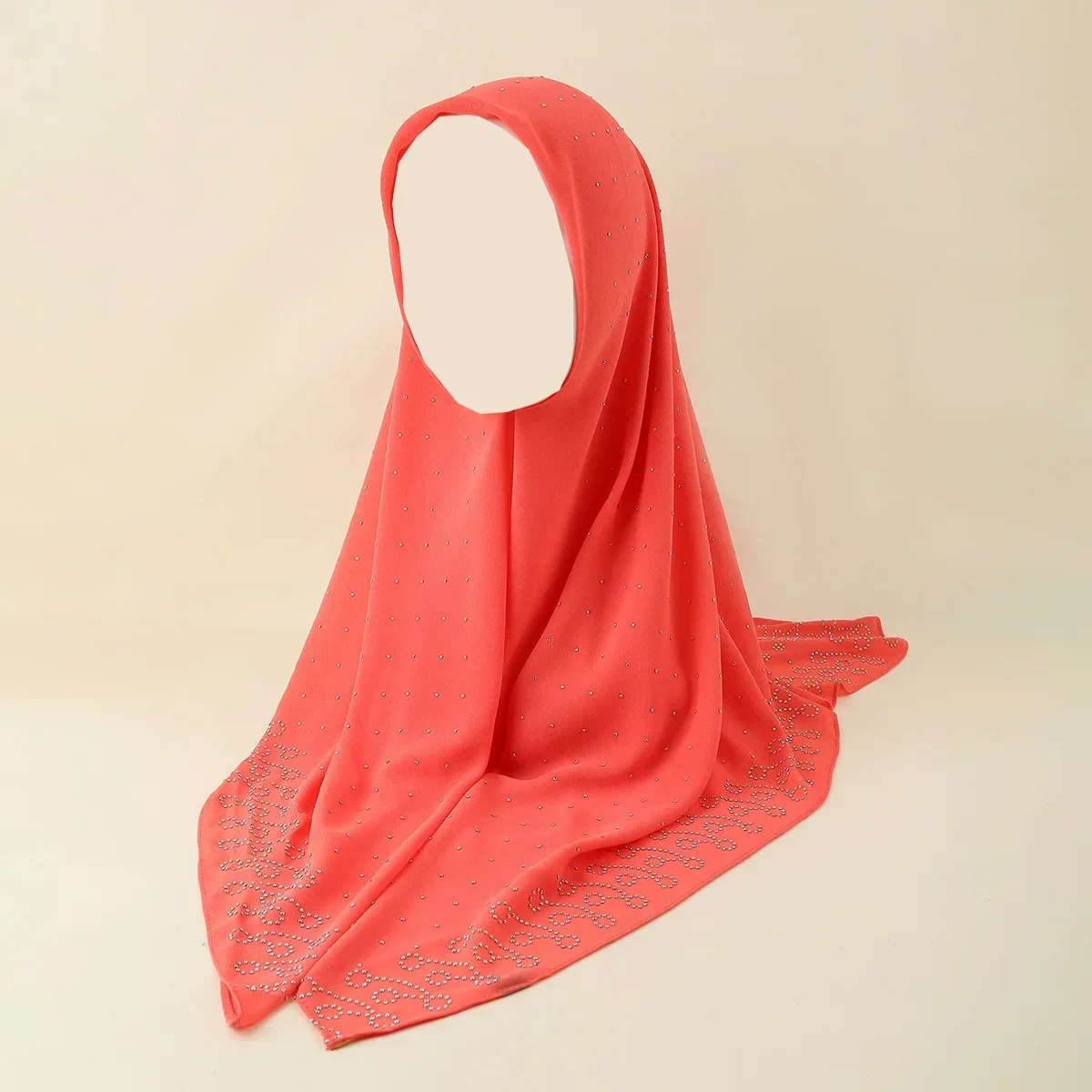 Foulard carré en mousseline de soie perlée 105x105cm, turban musulman orné de cristaux, foulard islamique avec épingle offerte