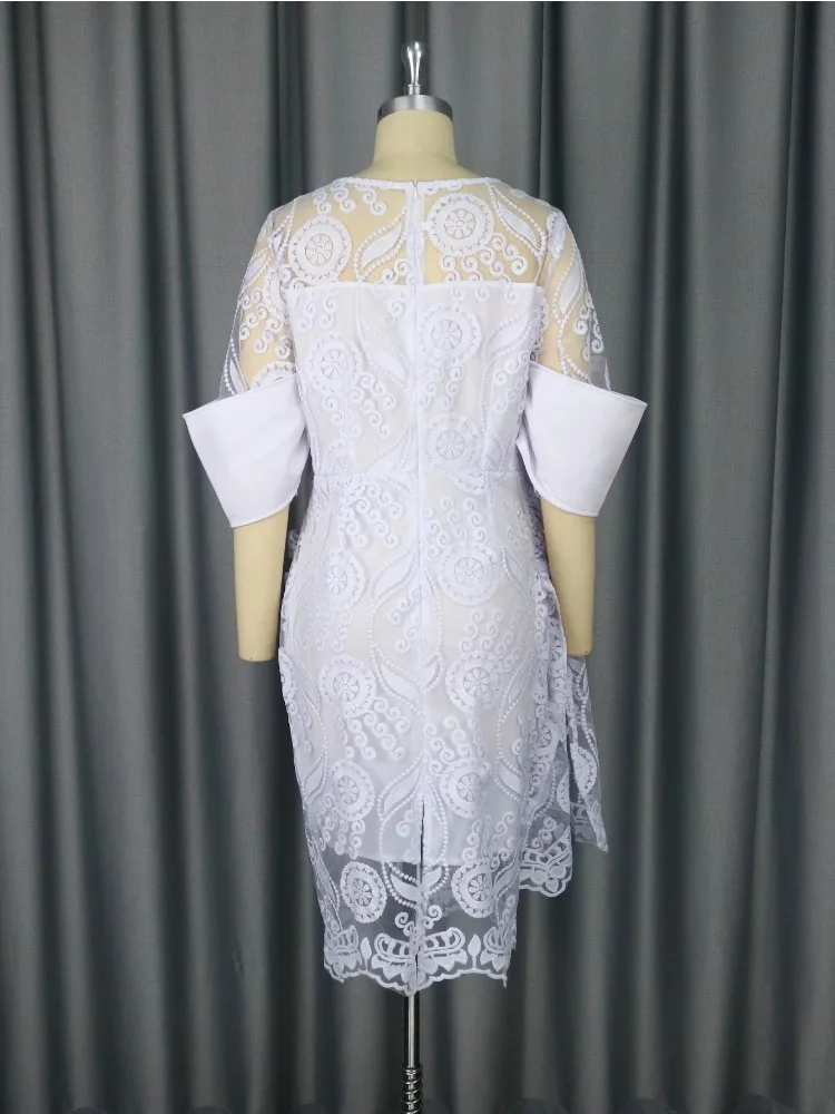 Robe mi-longue brodée à col rond pour femmes, robes vintage en dentelle blanche, tunique GT Hip, rétro, élégante, fête de vacances, mariage, quoi que ce soit