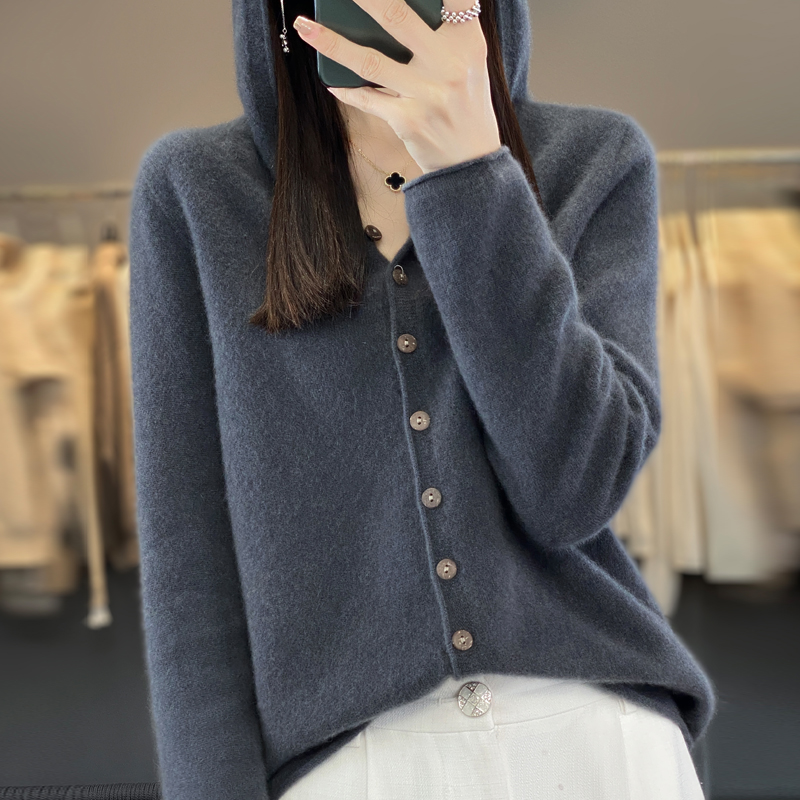 Cardigan à Capuche en Cachemire 100% Laine Mérinos pour Femme, Pull Solide, Tricot Chaud