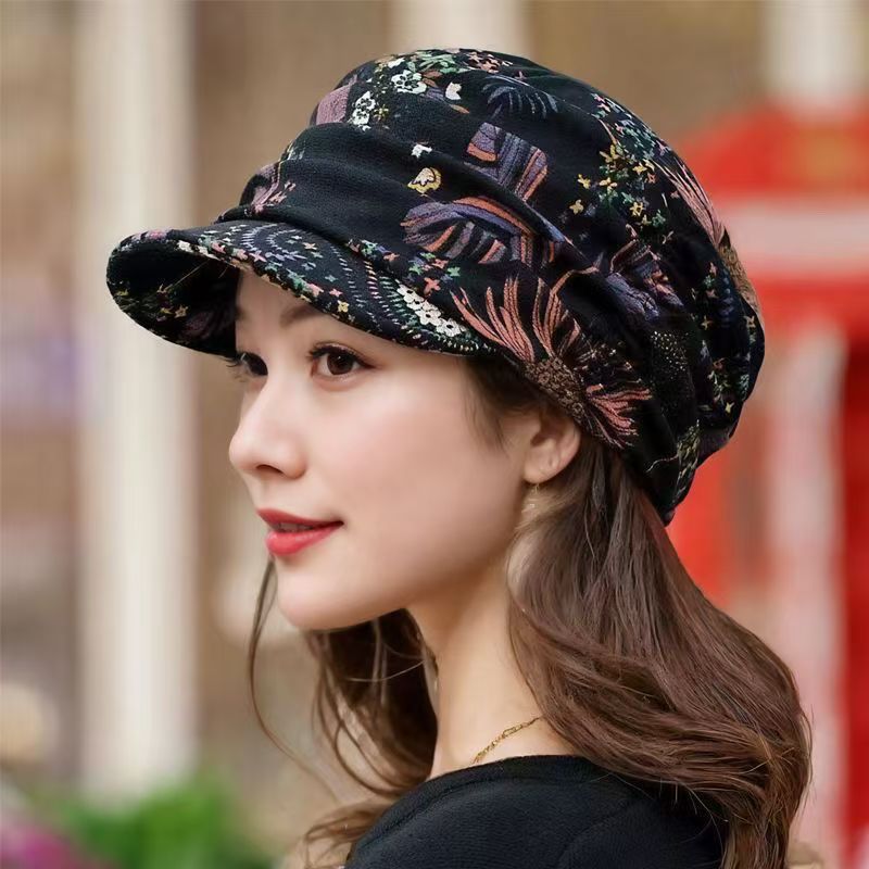 Chapeau Turban Floral pour Femmes avec Visière, Style Ethnique, Idéal pour les Voyages, Hiver, Anti-Vent, Casquette Souple à Bord, Style Vintage, Motif Floral, Usage Quotidien, Casquette à Visière