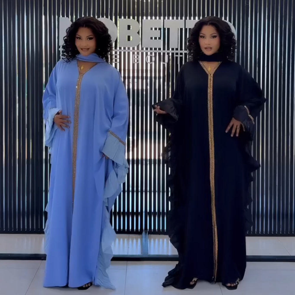 Robe Abaya 2026 Été Élégante pour Femmes Musulmanes, Manches 3/4, Col en V, Polyester, Bleu Jaune Vert, Robes Longues, Mode Musulmane Abaya