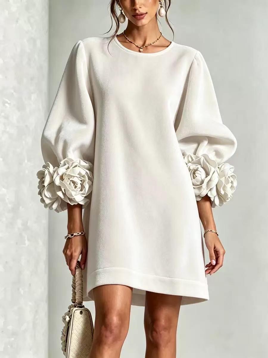 Nouvelle collection automne-hiver, robe en velours coréen pour femmes, robe à manches longues tendance avec manches à motifs floraux en relief 3D, idéale pour les soirées et le quotidien.