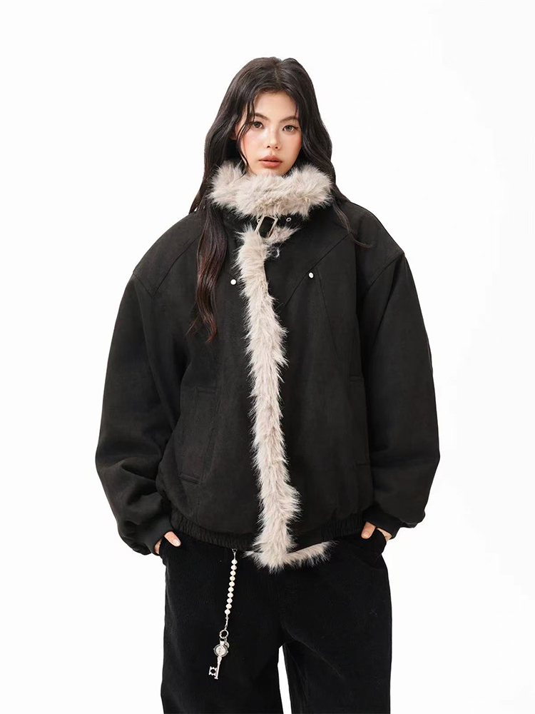 Parka à col en fourrure pour femme, Streetwear américain ample, manteaux polaires, Bf Harajuku, simple boutonnage, vêtements d'extérieur chauds, Y2K, nouvelle collection hiver