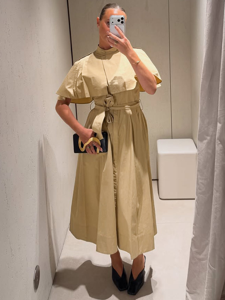 Robe midi à col cape pour femme, couleur kaki, col montant, taille ceinturée, manches courtes, coupe trapèze, nouvelle collection 2026, robes longues élégantes pour le bureau et les occasions décontractées