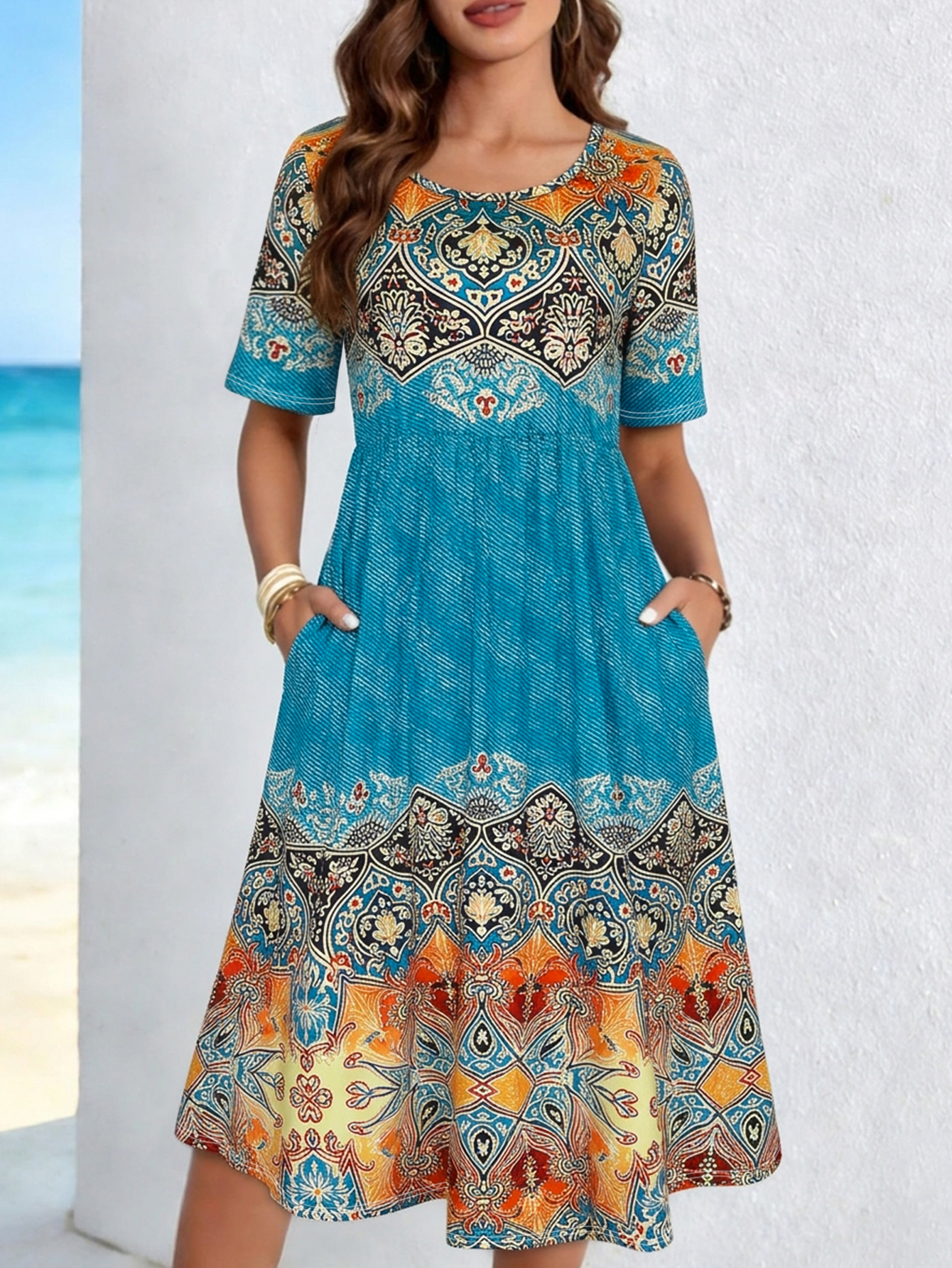 Robe mi-longue à manches mi-longues pour femmes, imprimé tribal bohème, robe d'été décontractée à col rond, taille élastique, avec poches latérales