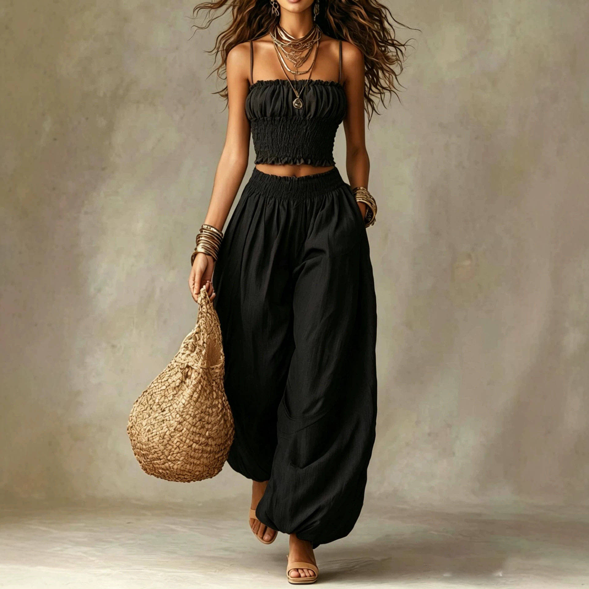 Ensemble 2 pièces tendance pour femme : Haut décontracté à fines bretelles et pantalon lanterne assorti – Tenue estivale