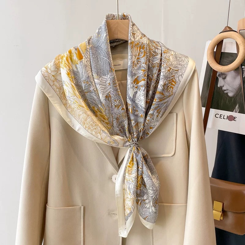 Écharpe en soie de luxe pour femmes à imprimé floral, élégant grand foulard femme, motif de feuilles tropicales et de fleurs, mouchoirs pour femmes XSSJJ03