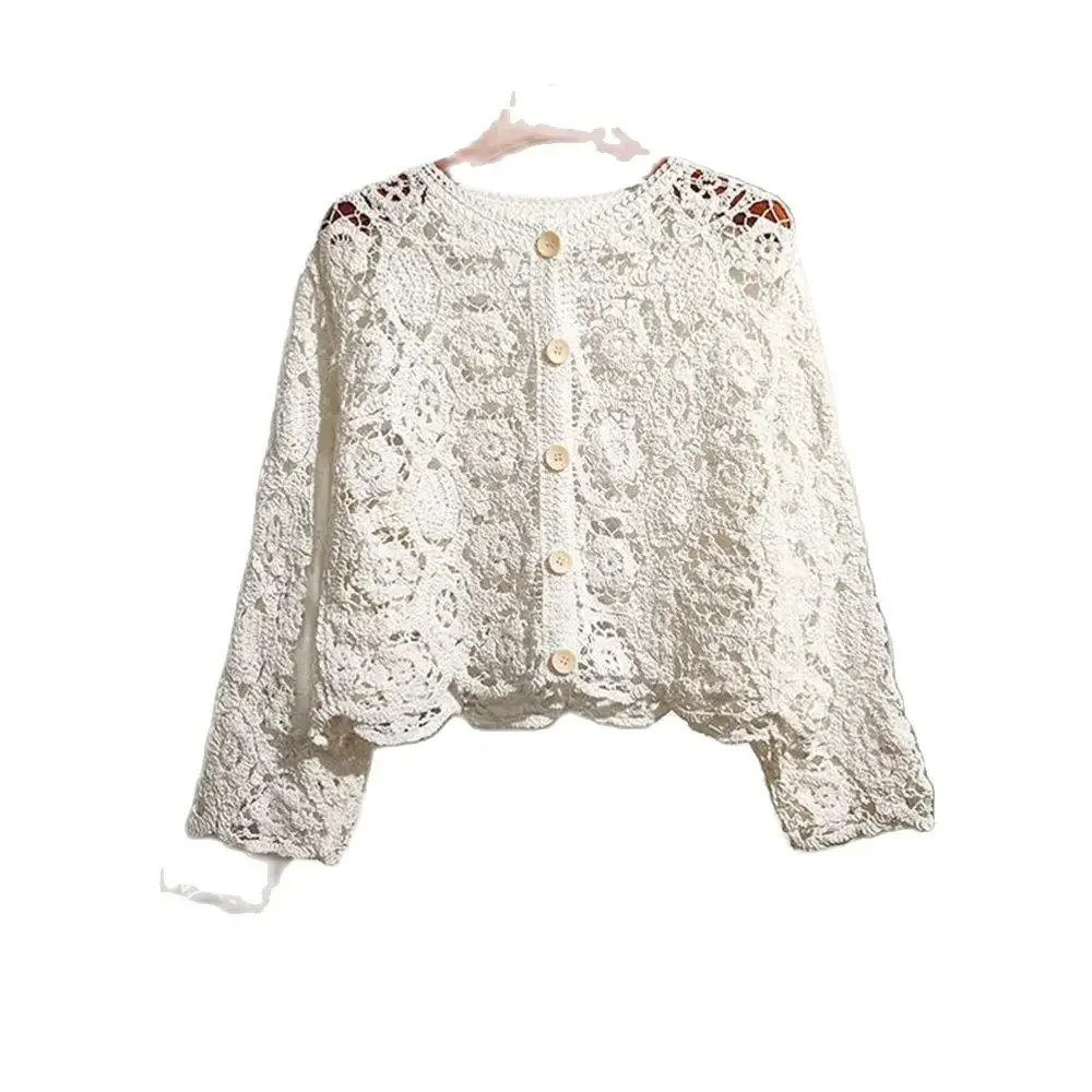 Cardigan en coton et dentelle pour femme, petit châle, col rond, manches longues, couleur unie, décontracté, ajouré, printemps et été, 2024