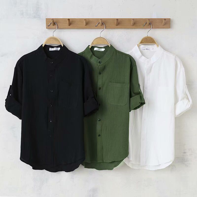 Vêtements d'été à manches courtes pour hommes, coton, lin, col montant, cinq points, adaptés aux adultes
