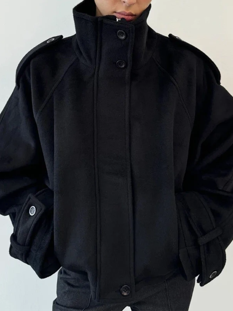 Mode court manteau en laine femmes col montant simple poitrine manches longues veste ample femme 2025 automne solide bureau dame vêtements d'extérieur