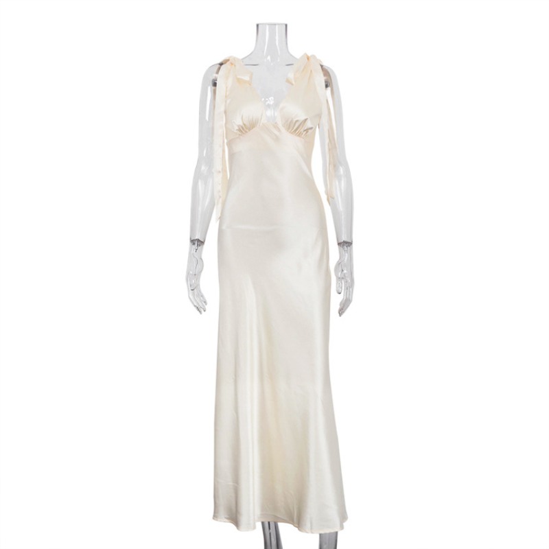 Robe longue élégante Talenza pour femme, col en V, dos nu sexy, en dentelle, sans manches, taille haute, pour soirée et fête