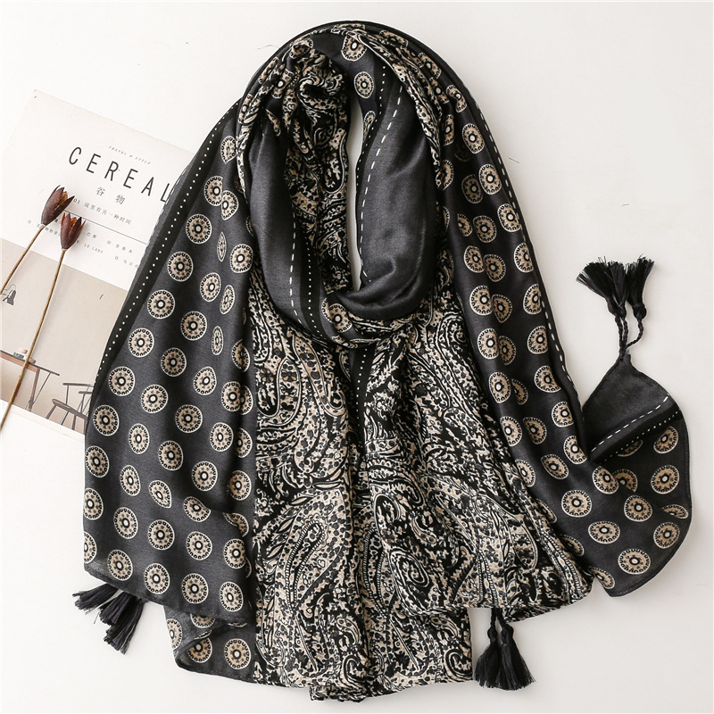 Foulard en coton et lin doux châles femmes luxe Premium Foulard Femme longue tacheté imprimé léopard gland écharpes foulards Echarpe