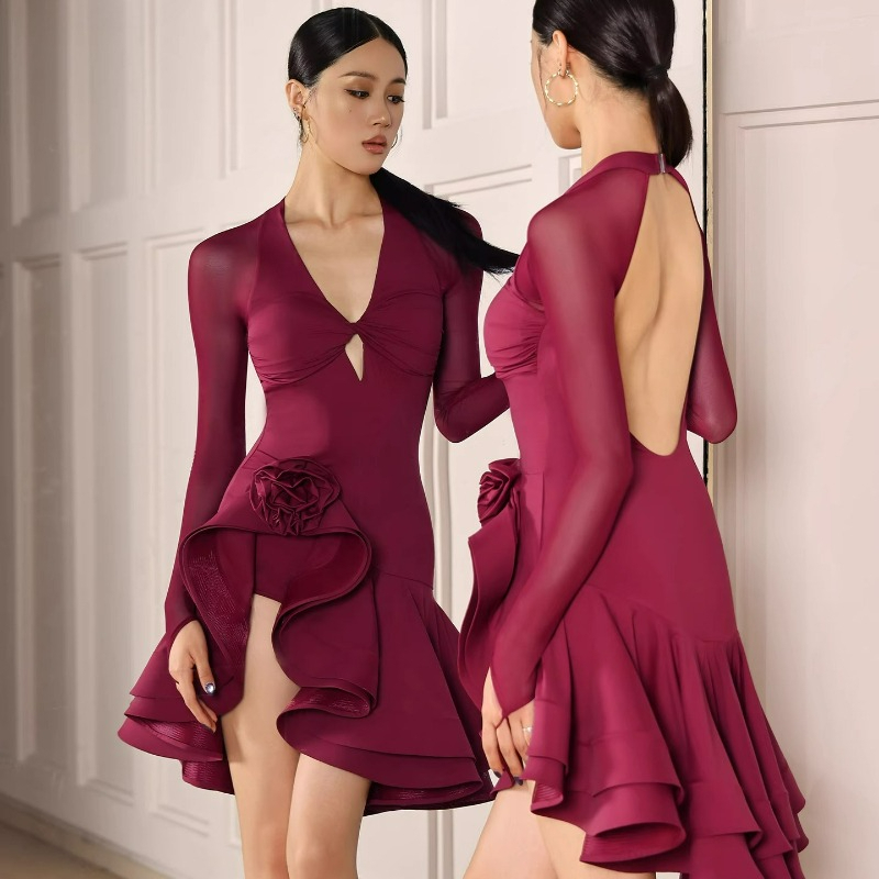 Robe de danse latine pour adultes pour femmes, noir, vin, fleur rouge, manches longues, jupe pivotante en maille, Sexy, dos nu, costume d'entraînement Cha Samba