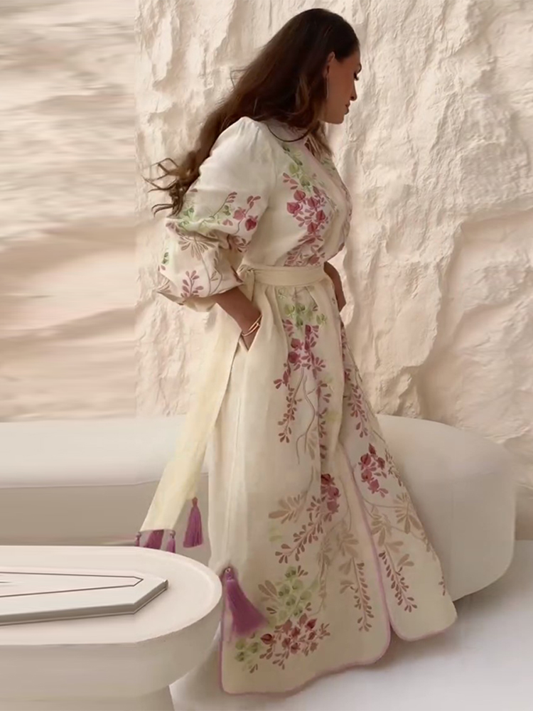 Robe longue femme à imprimé floral rétro avec ceinture à pompons, col montant, manches longues, style kaftan musulman, Nouvelle