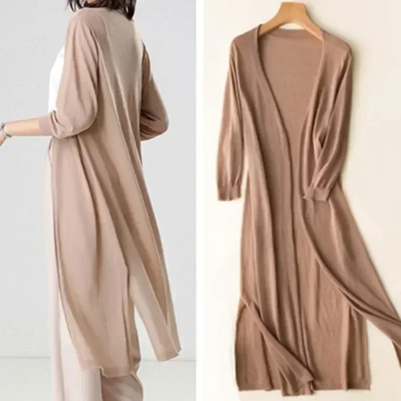 Cardigan long en tricot pour femmes, protection UV printemps-été, pull ouvert sur le devant, châle, manteau d'extérieur pour dames