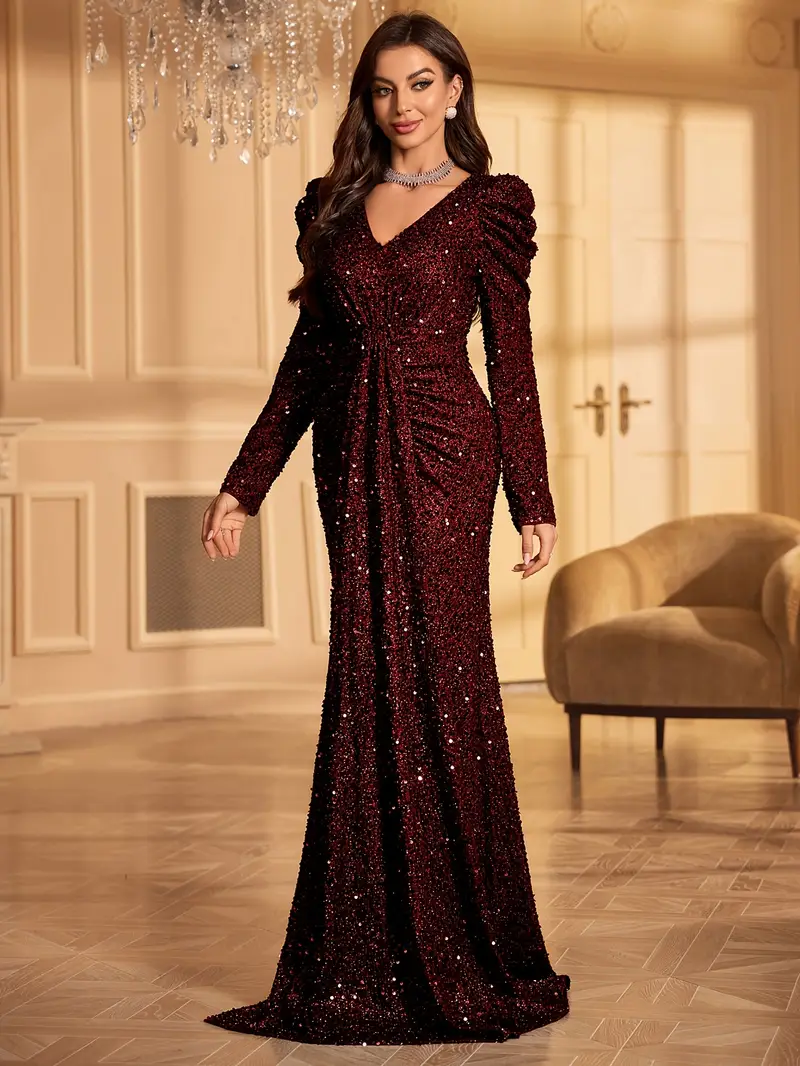 Robe de soirée élégante à manches longues et col en V pour femme – Parfaite pour les mariages, les anniversaires et les fêtes