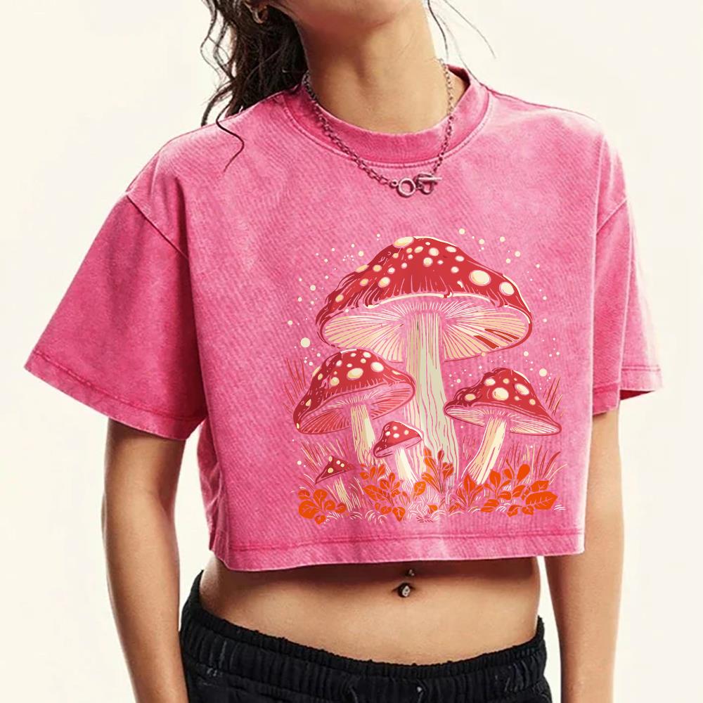 Hauts courts en coton pour femmes, tendance, col rond, T-Shirts délavés en détresse, champignon rouge, personnalité graphique imprimé, vêtements de rue