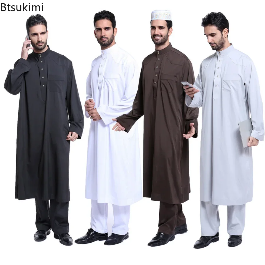 Jubba Thobe pour homme arabe musulman, robe boutonnée et pantalon, vêtements Abaya trempés, Arabie saoudite, Eid Turquie, Kurtas islamique, 03/fur s, 2 pièces