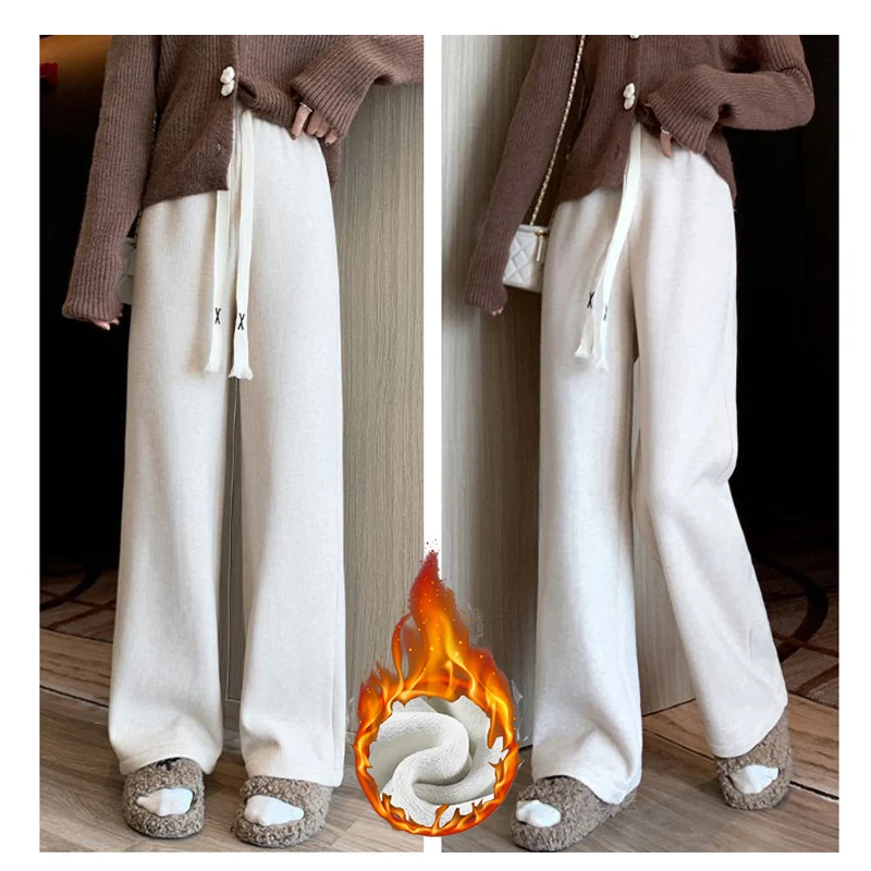 Hiver filles neige chaud taille haute pantalons thermiques femmes mode jambe droite en peluche pantalon dame mince polaire pantalon quotidien