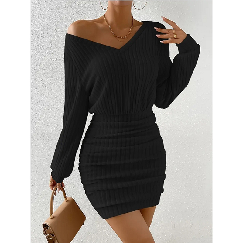 Femmes automne hiver tricoté pull Mini Robe femme décontracté solide enveloppement col en v à manches longues chaud moulante robes courtes Robe