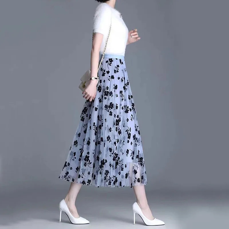 Jupe en maille coréenne pour femme, jupe midi ample à fleurs crochetées, élégante, décontractée, polyvalente, nouvelle collection été