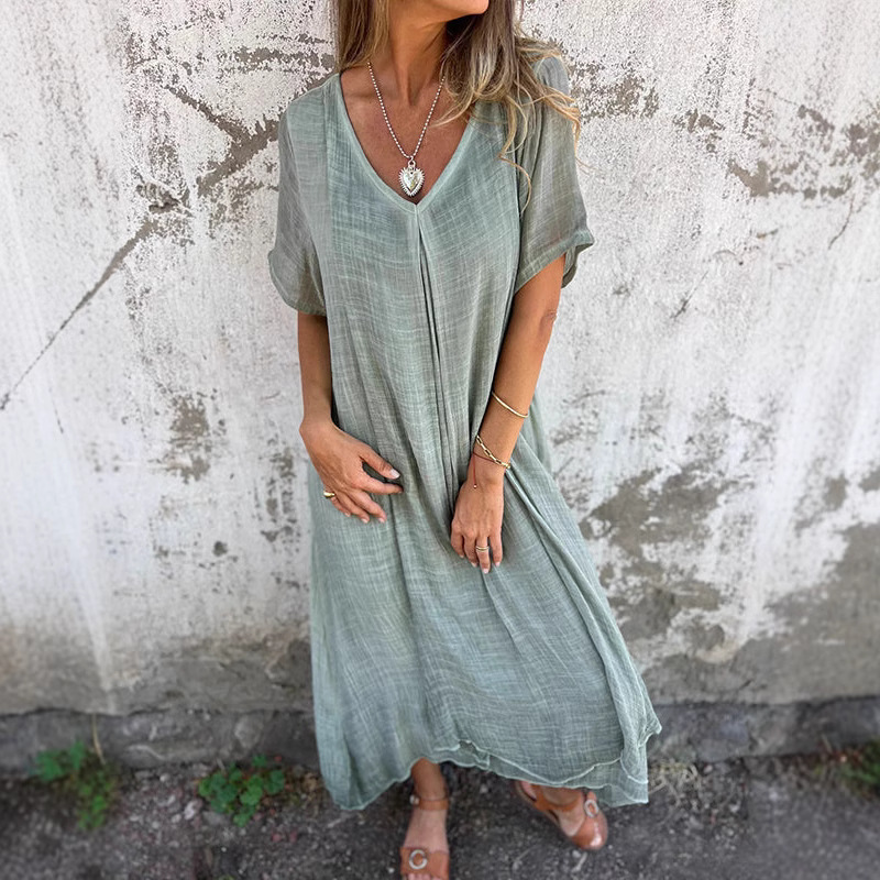 Robes pour femmes 2026 Nouvelle collection été-printemps-automne en coton et lin, col en V, couleur unie, longue robe, vêtements pour femmes, vestidos