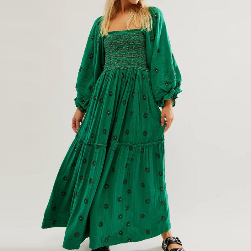 Robe maxi trapèze à volants pour femmes, style plage, vacances, bohème, floral, col carré, manches longues, club, soirée