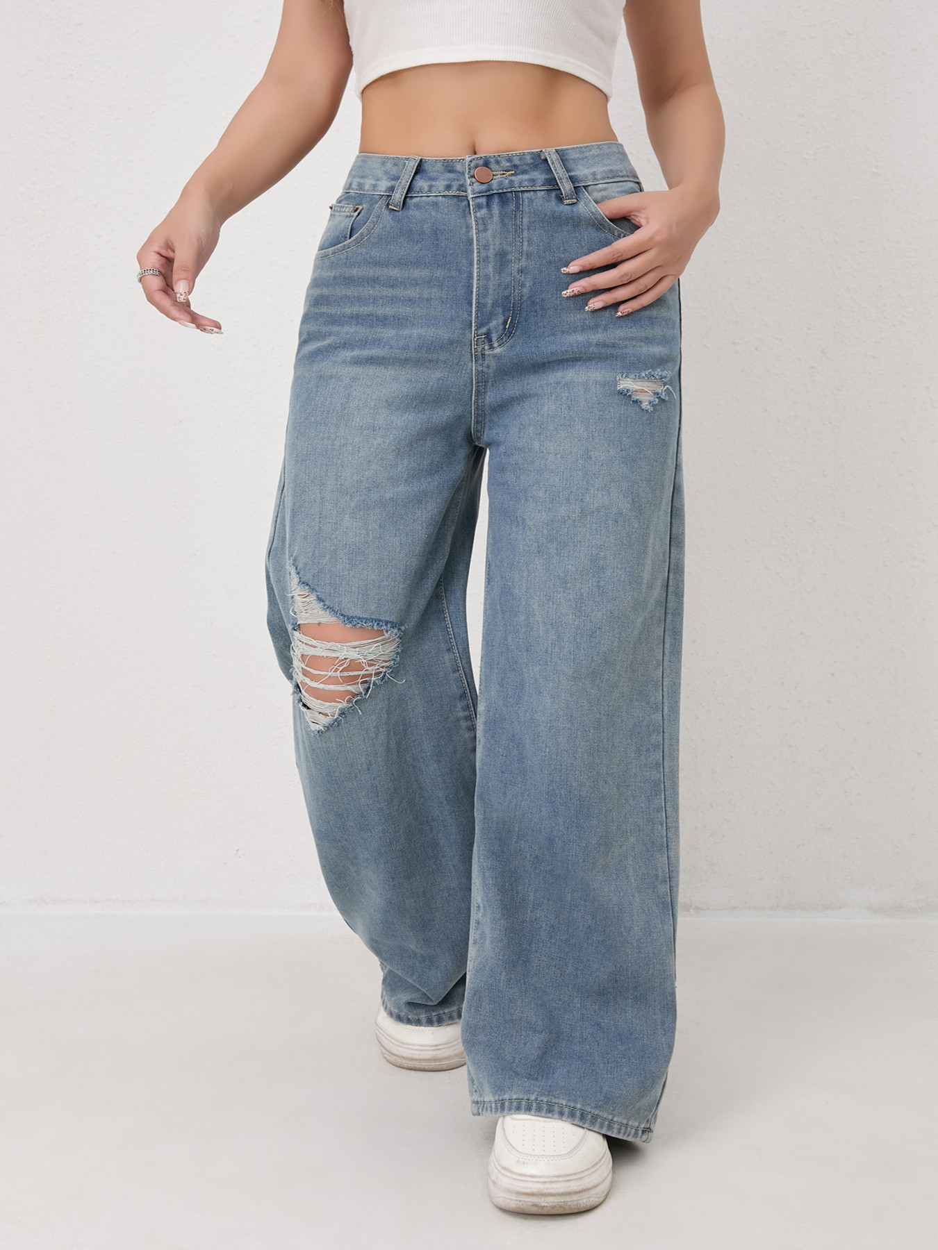Jean femme 2026 nouveauté coupe ample décontracté taille haute Y2K jambe large déchiré pantalon en Denim régulier à la mode Vintage Strety Ve