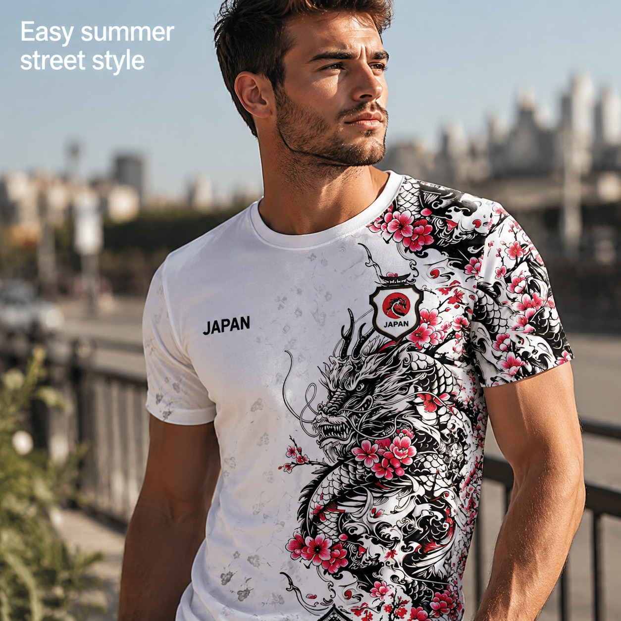 Maillot de football japonais pour homme, imprimé sur toute la surface avant et arrière, motif cerisier, dragon, pagode, art à l'encre, t-shirt de sport pour fan de l'équipe nationale