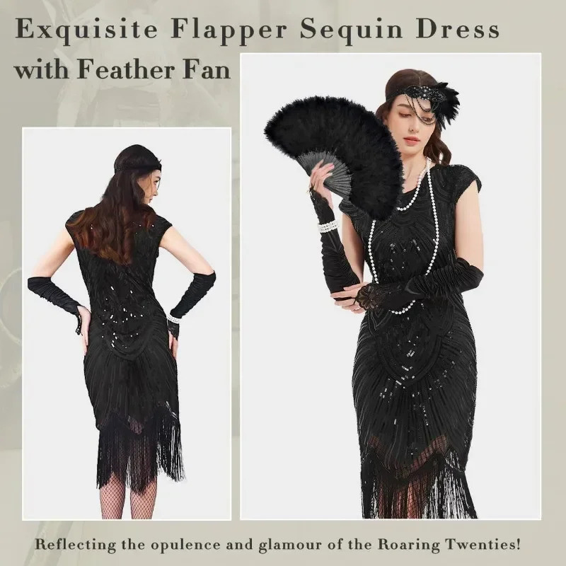 Robes des années 1920 pour femmes, robe à clapet en dentelle, bandeau en plumes, paillettes, perles, franges, accessoires des années 20, Costume de mafia Vintage