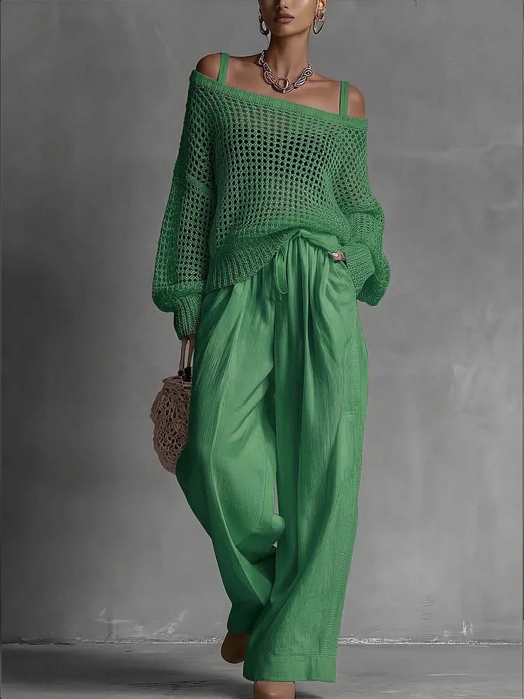 Ensemble 2 pièces mode femme : Haut en maille crochetée à bretelles spaghetti et épaules dénudées, pantalon large à taille coulissante – Tenue décontractée d'été