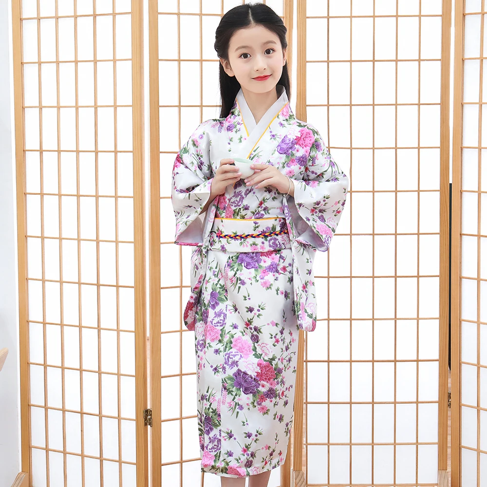 Peignoir Kimono japonais rouge pour enfants filles, vêtements de spectacle à fleurs imprimées Yukata avec Costume de Cosplay doux d'obrimoine