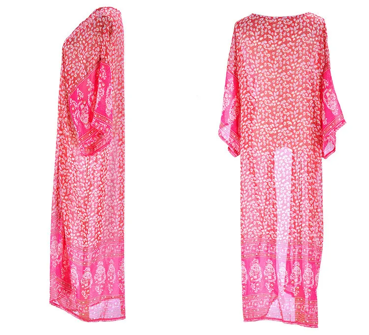 AYUALIN-Kimono vintage en mousseline de soie, imprimé floral, rose, style boho, cover-up pour la plage, vêtements pour femmes