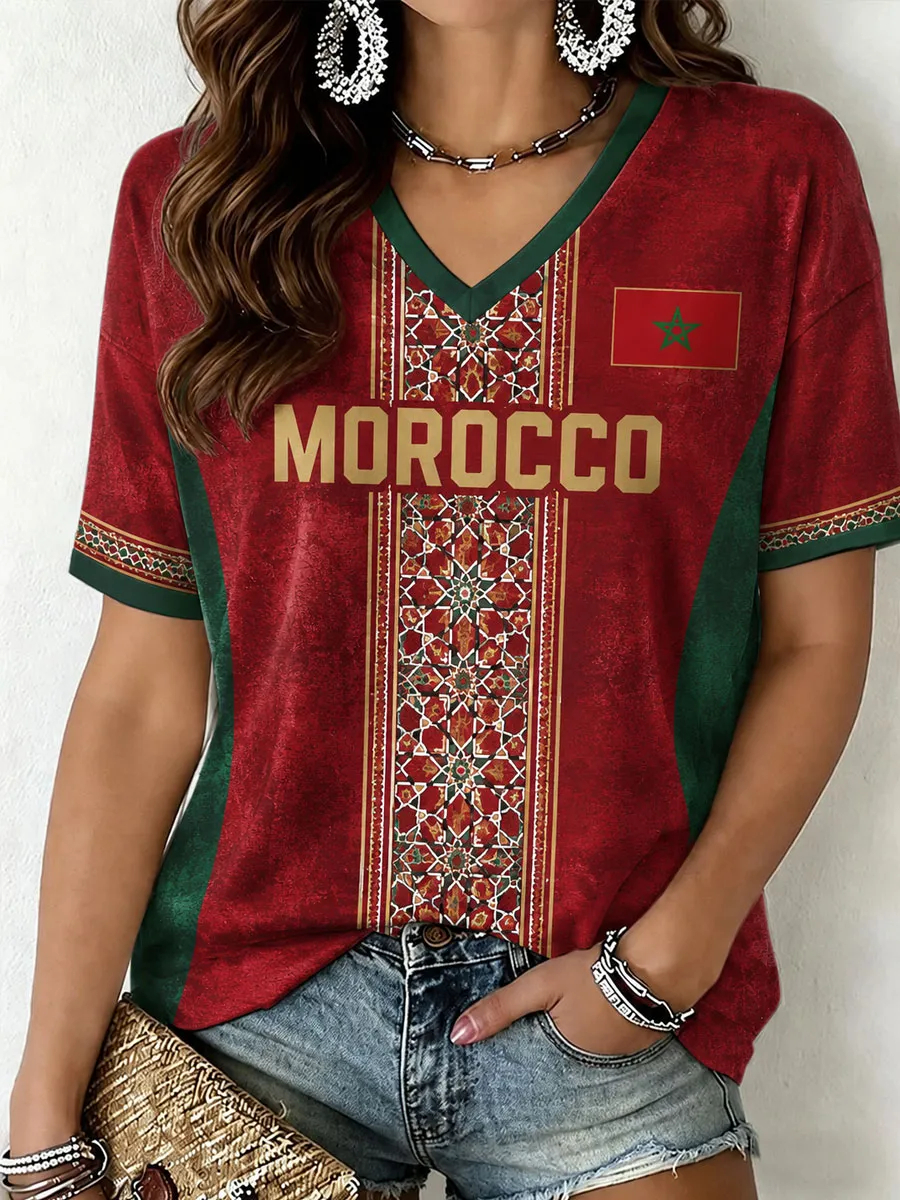 T-shirts à col en V pour femmes, football marocain, t-shirt culturel sur le thème du football