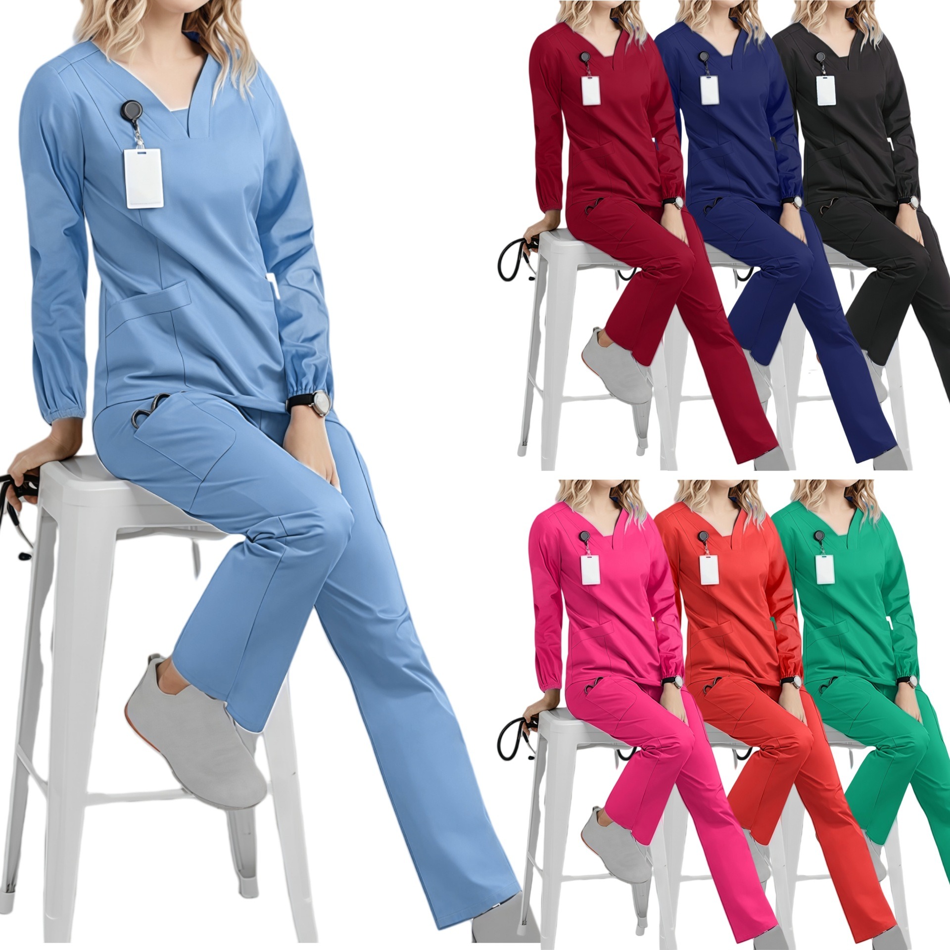 Ensemble de tenues médicales à manches longues pour hommes et femmes, uniformes de travail, pantalon de jogging, accessoires pour infirmières, clinique dentaire, toilettage des animaux, ensemble haut et pantalon de travail