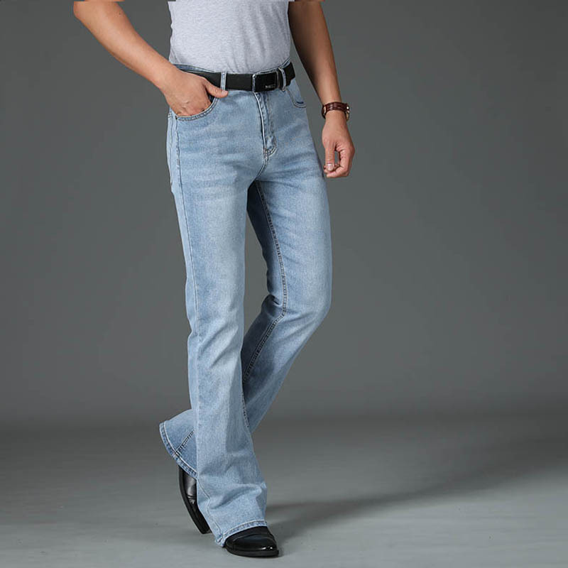 Jeans pour hommes, coupe évasée, coupe bootcut, jeans en denim classique de créateur, taille haute, extensibles, amples, bleus