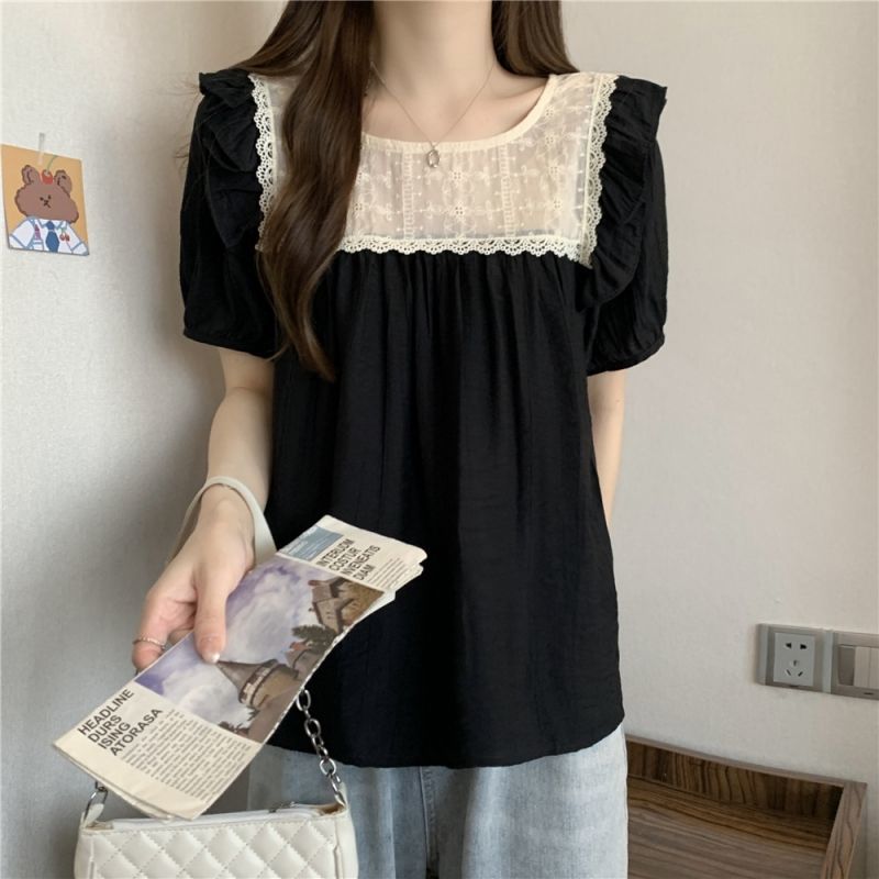 Chemisier décontracté à volants et patchwork, nouvelle collection été, manches courtes contrastantes, grande taille, style coréen, hauts tendance pour femmes