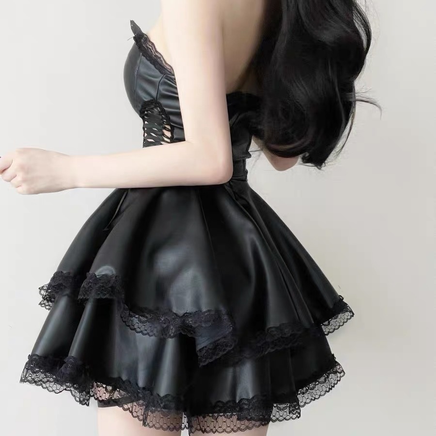 Anime femmes uniforme dame robe à bretelles doux Cool bustier tubulaire taille cravate couture dentelle bord en cuir jupe robe Sexy vêtements