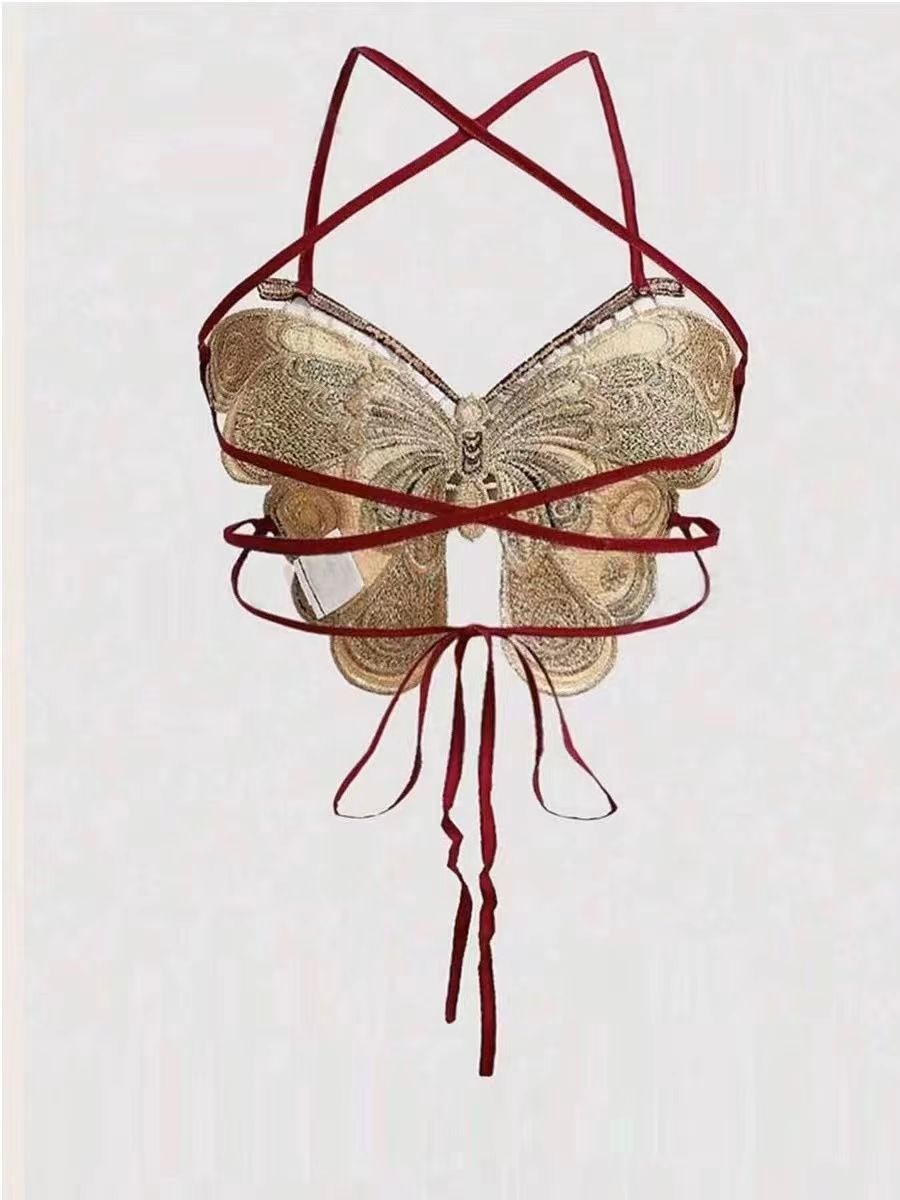 Haut court à col licou brodé papillon pour femmes, dos nu, bretelles sans manches, Camisole Sexy, vacances, bête, été Y2K