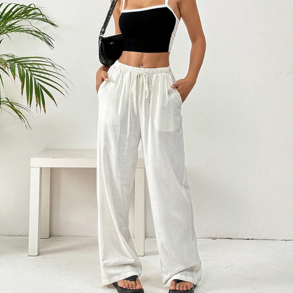 Pantalon décontracté élégant pour femme, collection été 2026, style Harajuku, coupe large et ample, taille élastique, pantalon de jogging blanc
