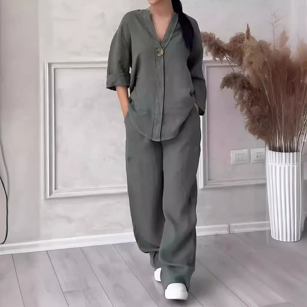 Ensemble deux 2 pièces en coton et lin, chemisier ample décontracté à manches longues et boutons, chemise et pantalon ample à jambes larges et élastiques, costumes NMD-3021
