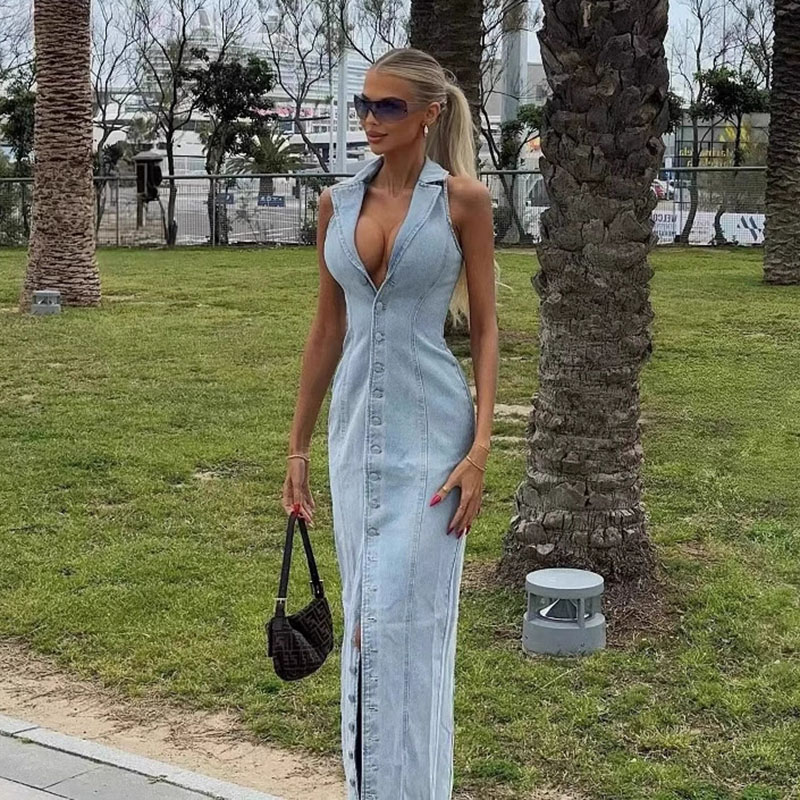 Robe longue en Denim pour femmes, Sexy, col en v, slim, Maxi, sans manches, simple boutonnage, fendue sur le devant, nouvelle collection 2025