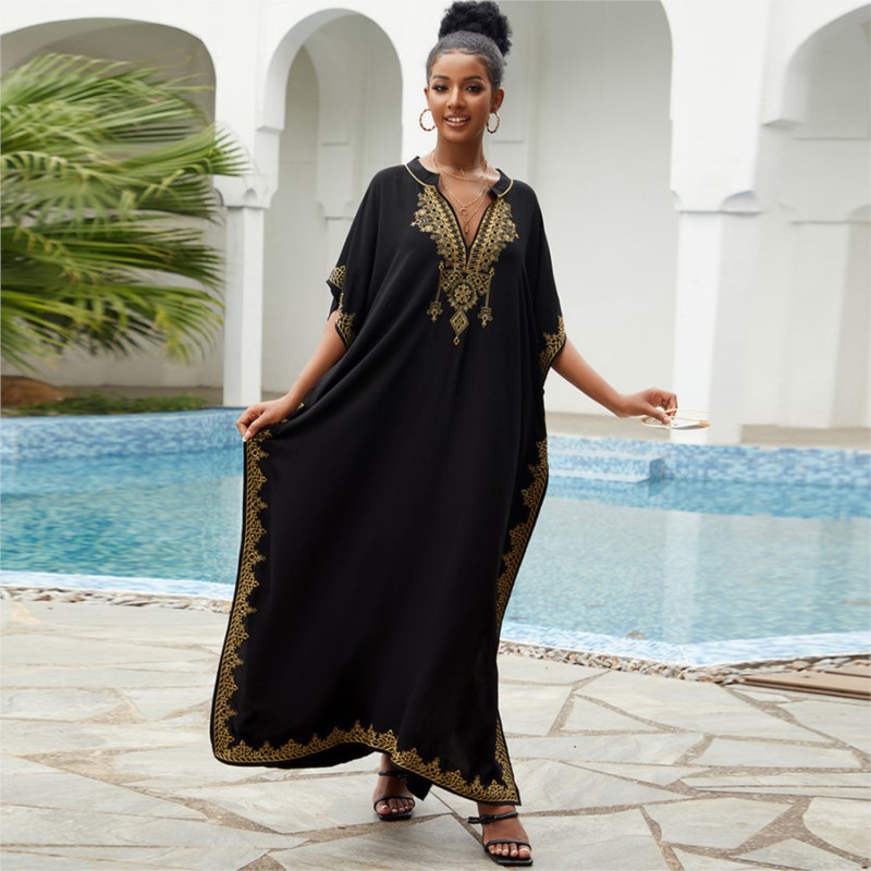 Robe de plage brodée en coton vintage pour femmes, couverture de bikini, robes sexy, vacances, protection solaire