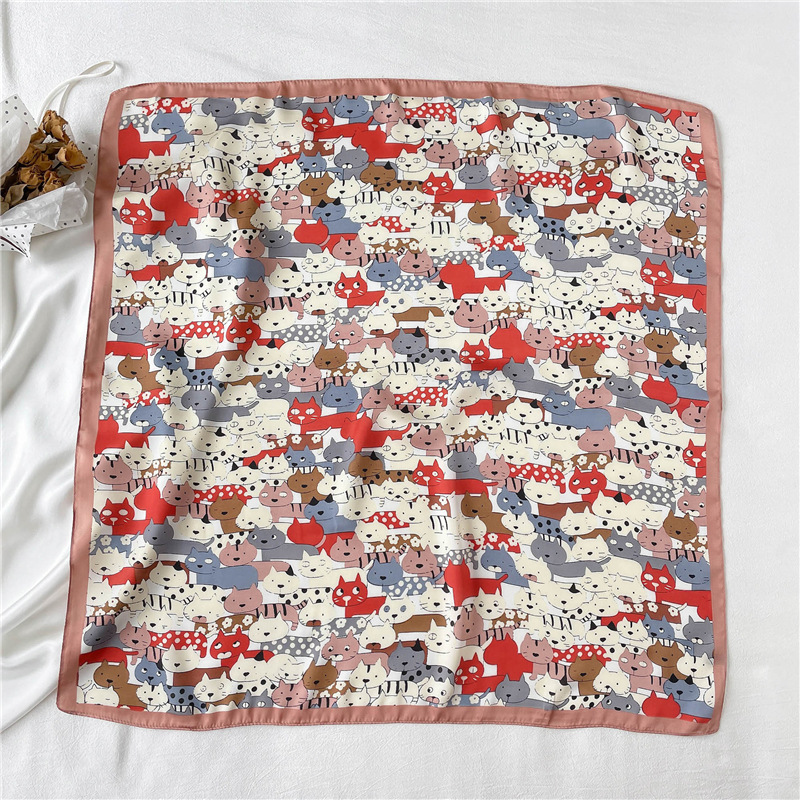 Foulard carré en Satin pour femmes, châle, bandeaux, petit foulard doux, imprimé chat, Hijab, 70cm, nouvelle collection 2026